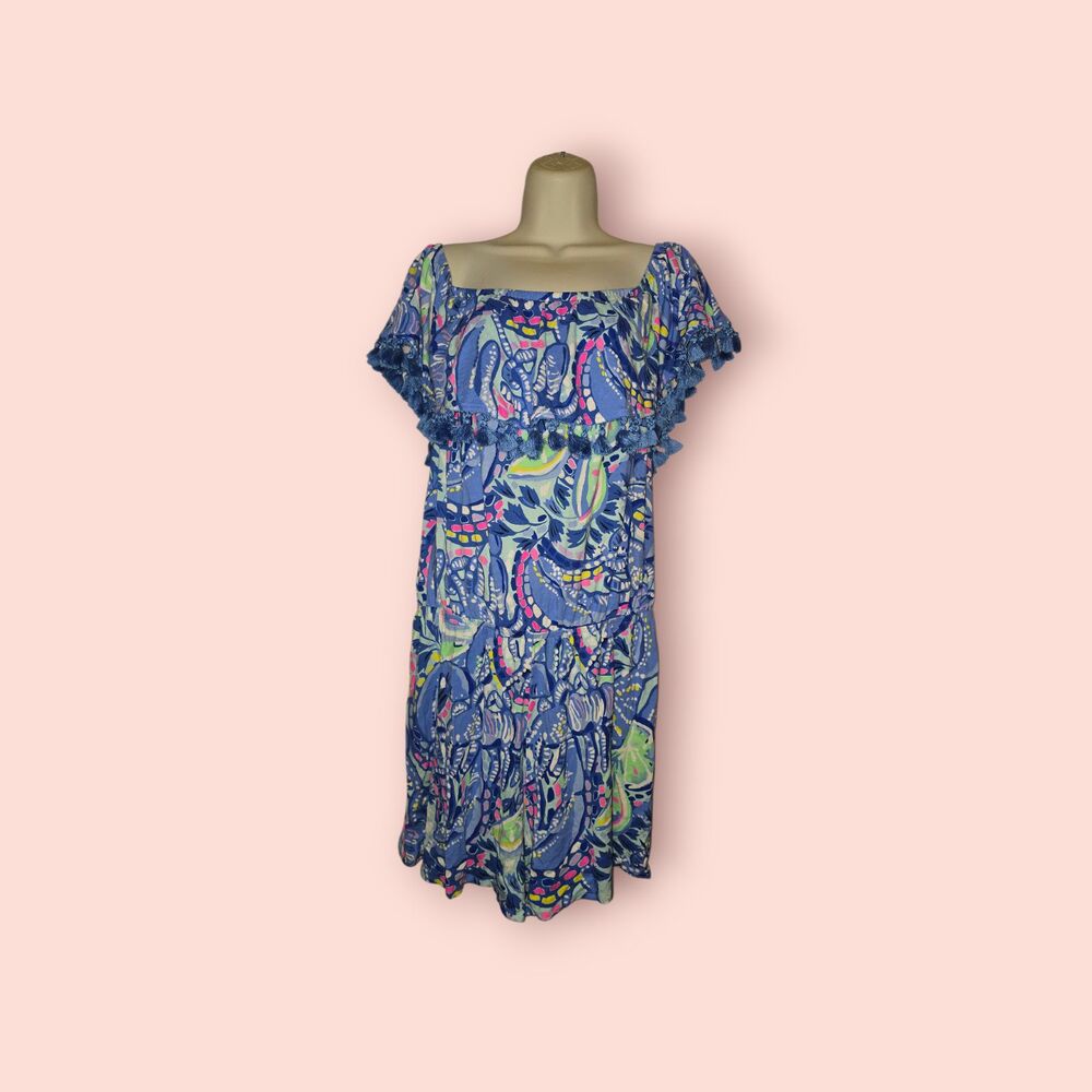 Lilly Pulitzer Blue Peri Pinch La Fortuna Off Shoulder Romper Tropical Beachy L